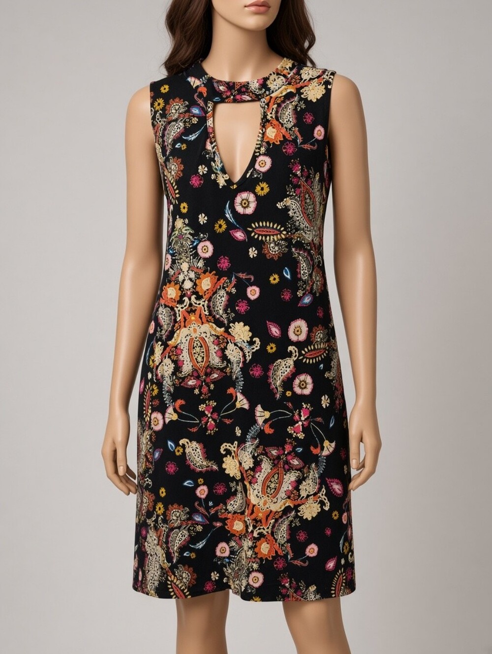 Joe Boxer 90s Style Black Paisley Floral Dress  Keyhole Neckline. Size S/M Boho